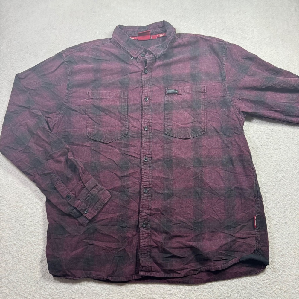 Indian Motorcycle Button Up Shirt Mens L Burgundy Black Plaid Biker Riding Shirt